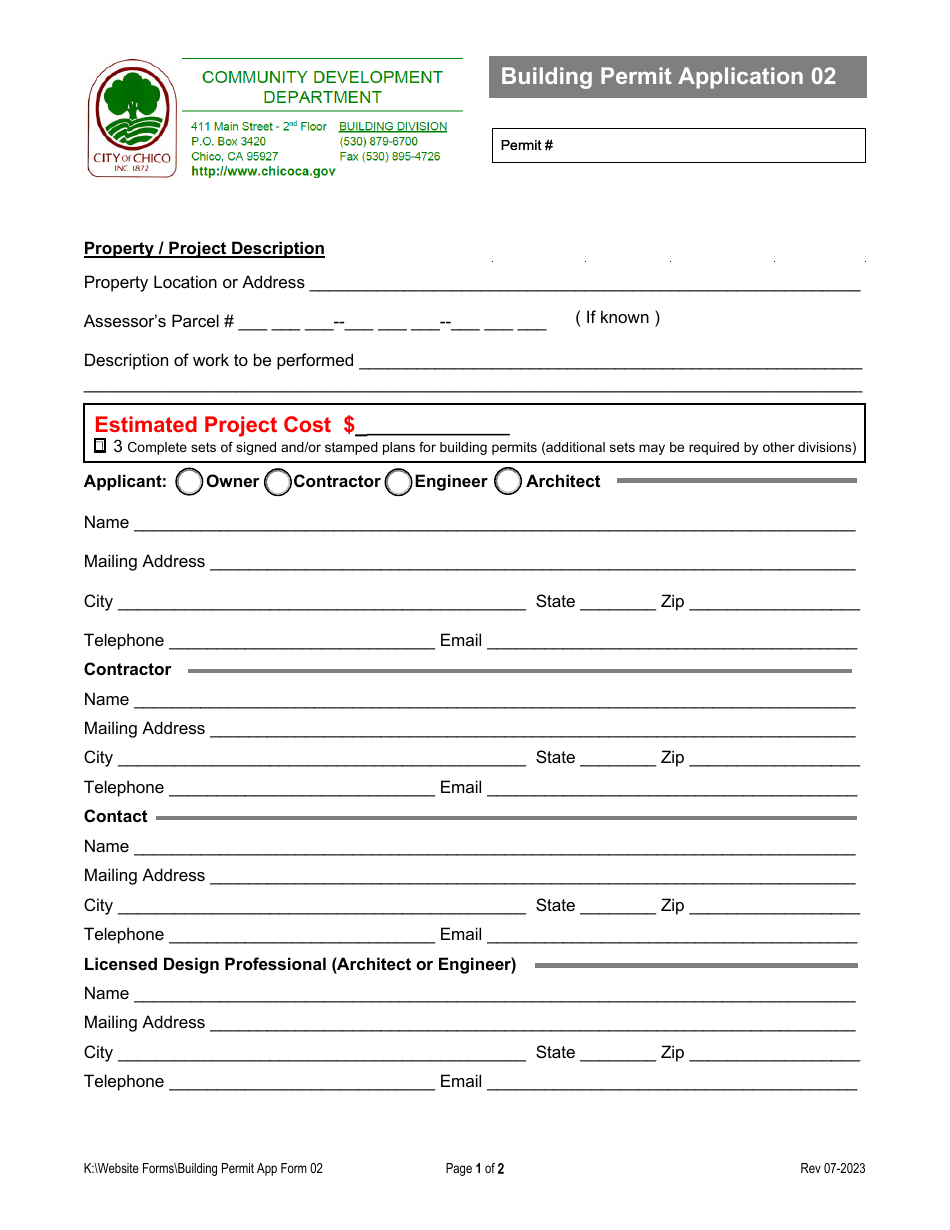 Form 02 Building Permit Application for Contractors - City of Chico, California, Page 1