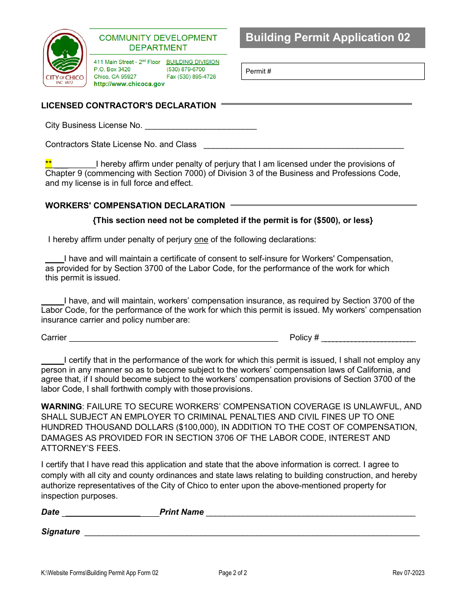 Form 02 Building Permit Application for Contractors - City of Chico, California, Page 2