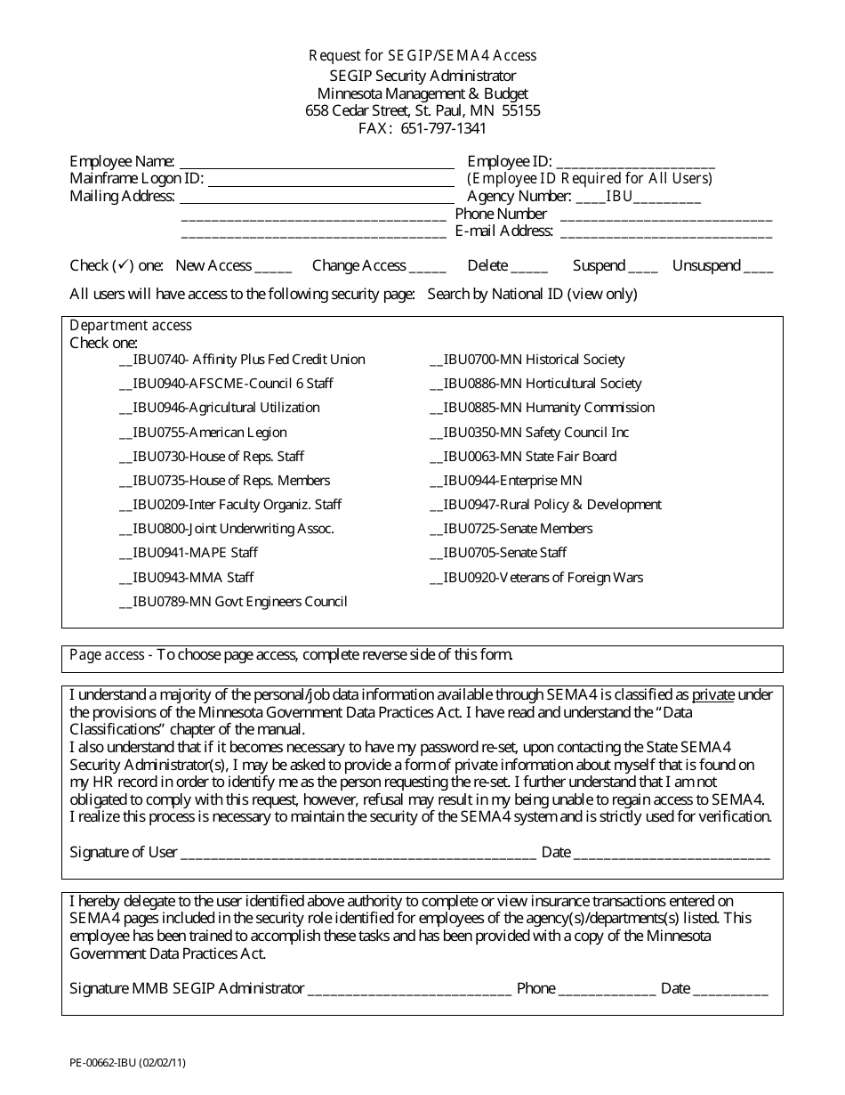 Form PE-00662-IBU Request for Segip / Sema4 Access - Minnesota, Page 1