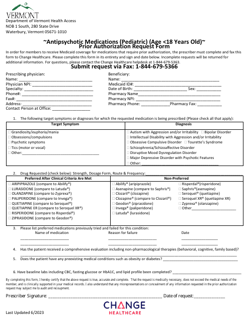 Antipsychotic Medications (Pediatric) (Age 18 Years Old) Prior Authorization Form - Vermont Download Pdf