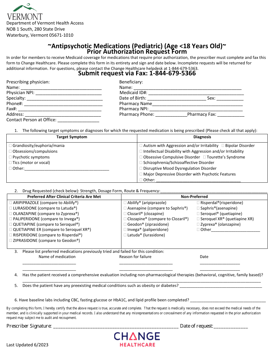 Vermont Antipsychotic Medications Pediatric Age 18 Years Old Prior Authorization Form Fill 4209