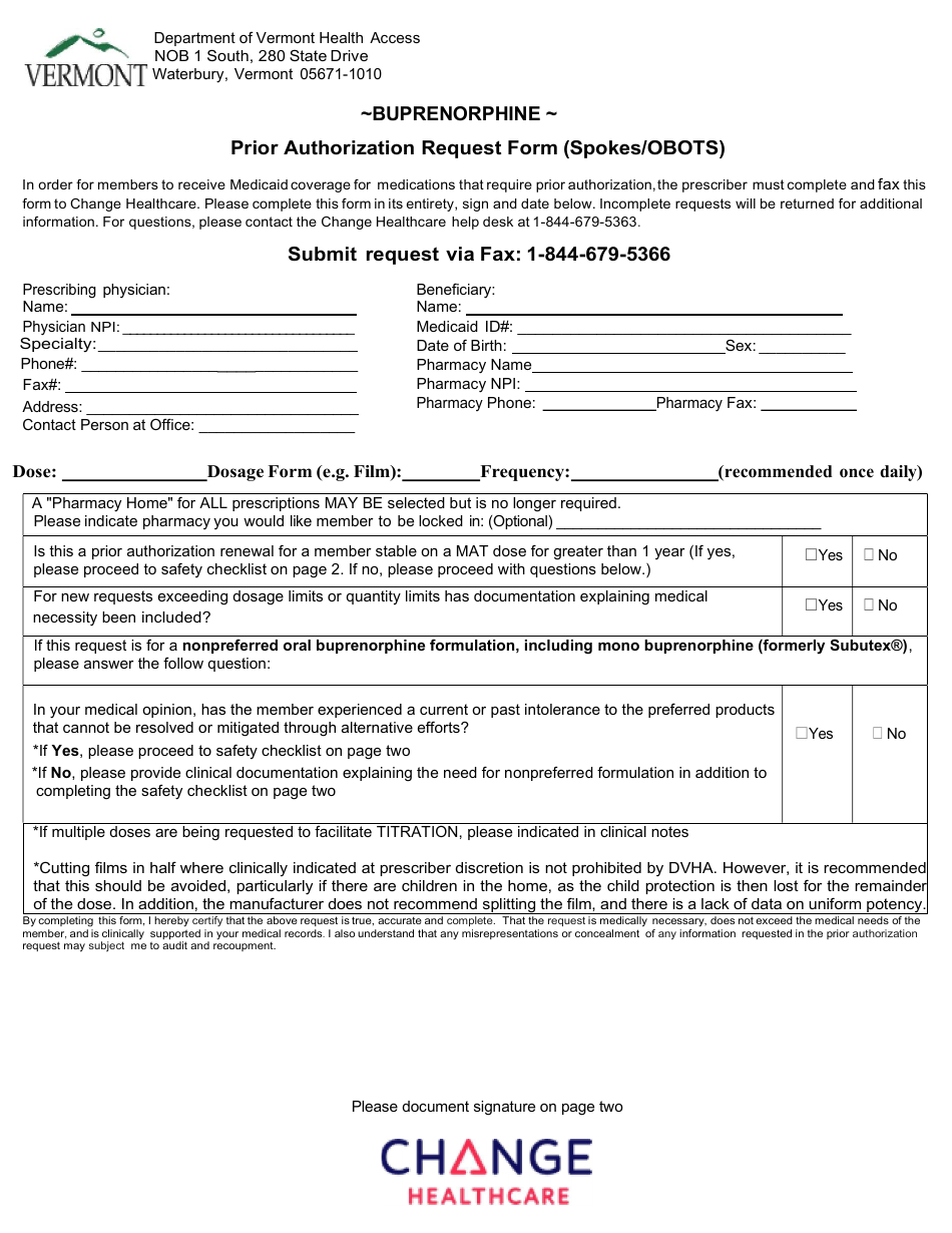 Buprenorphine Prior Authorization Request Form (Spokes / Obots) - Vermont, Page 1