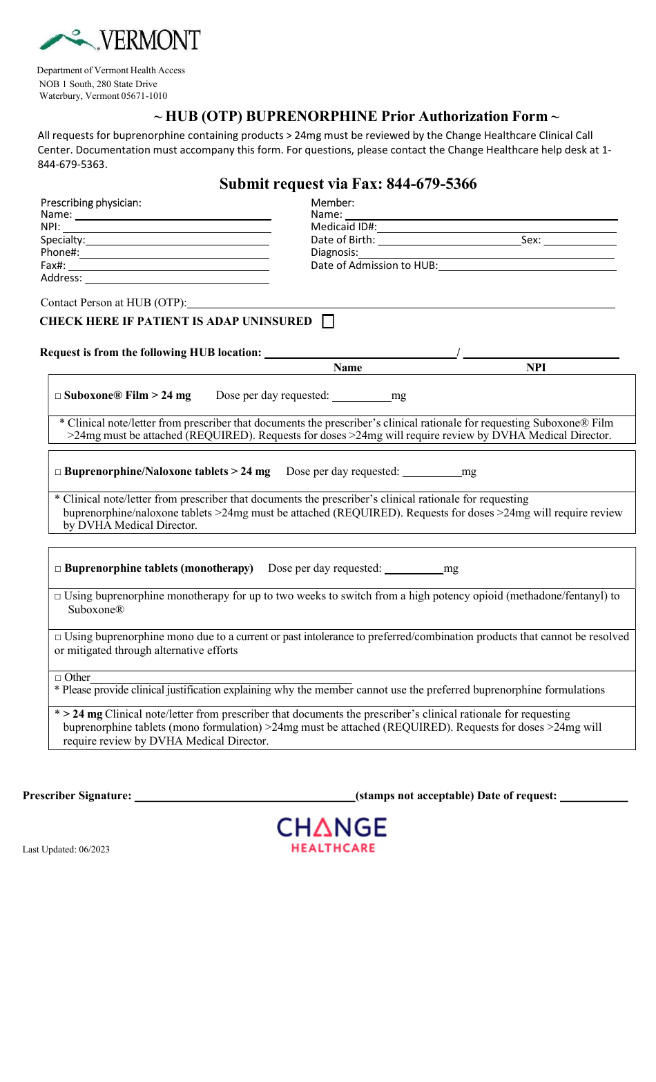 Hub (Otp) Buprenorphine Prior Authorization Form - Vermont, Page 1