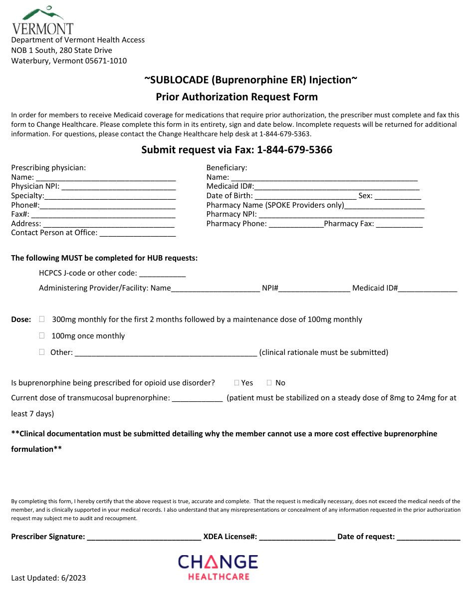 Sublocade (Buprenorphine Er) Injection Prior Authorization Request Form - Vermont, Page 1