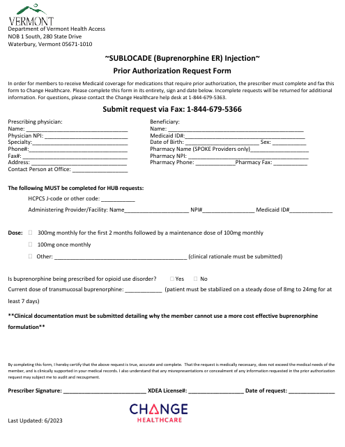 Sublocade (Buprenorphine Er) Injection Prior Authorization Request Form - Vermont