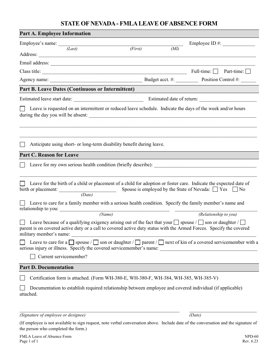 Form NPD-60 Fmla Leave of Absence Form - Nevada, Page 1