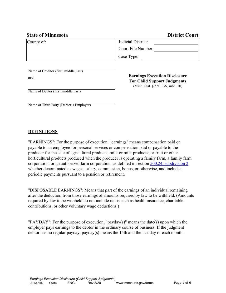 Form JGM704 Earnings Execution Disclosure for Child Support Judgments - Minnesota, Page 1