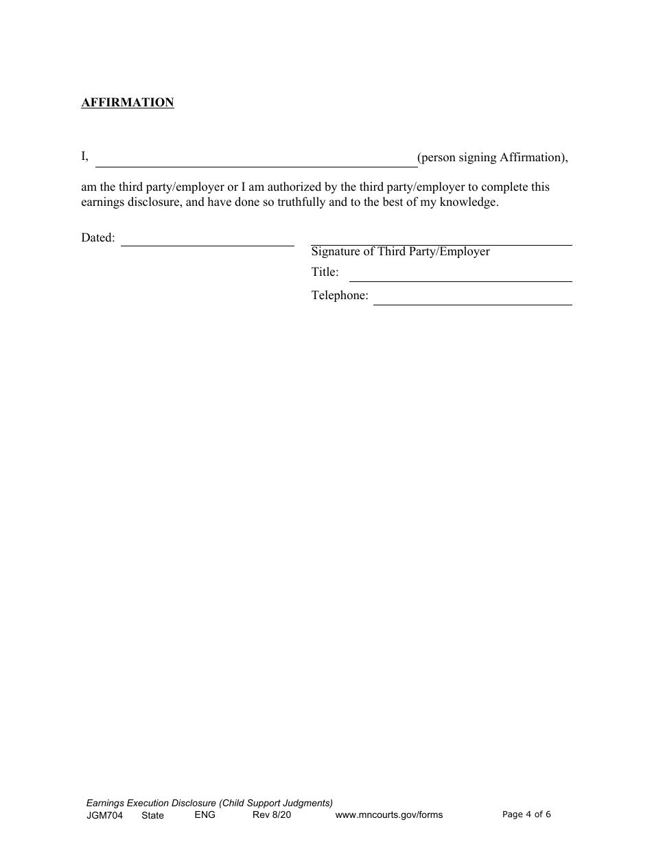 Form JGM704 Earnings Execution Disclosure for Child Support Judgments - Minnesota, Page 4