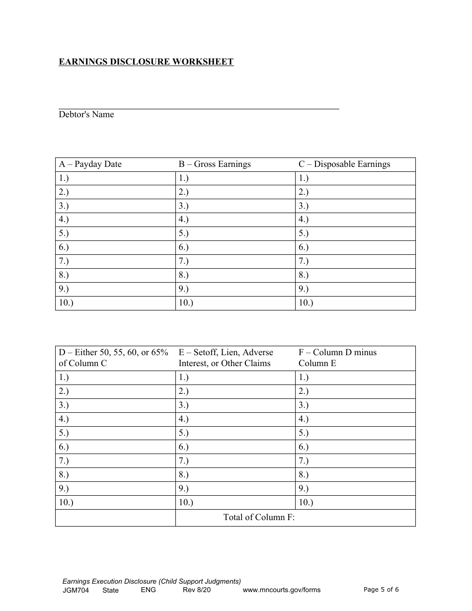 Form JGM704 Earnings Execution Disclosure for Child Support Judgments - Minnesota, Page 5