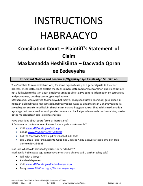 Form CCT100 Instructions - Plaintiff's Statement of Claim - Minnesota (English/Somali)