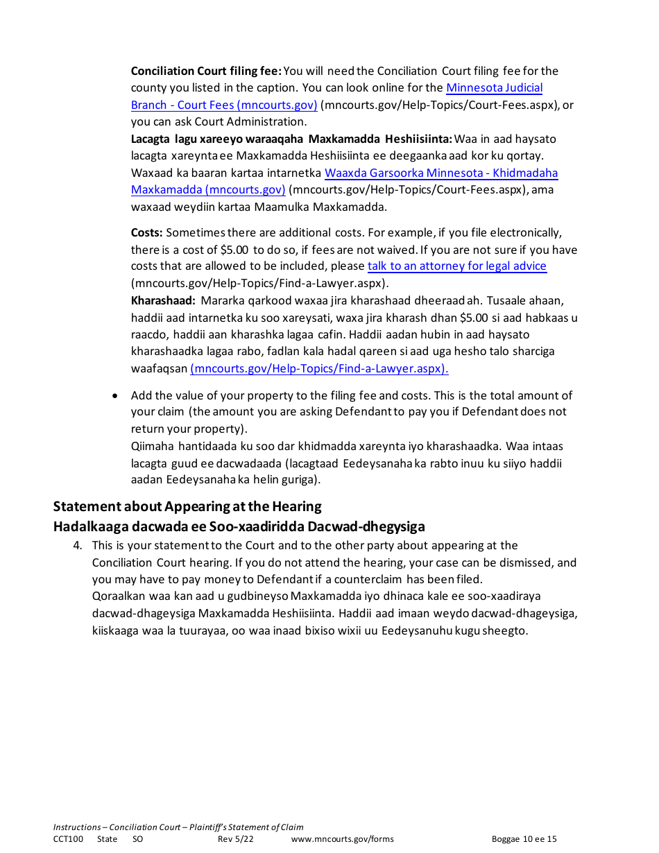 Form CCT100 Instructions - Plaintiffs Statement of Claim - Minnesota (English / Somali), Page 10