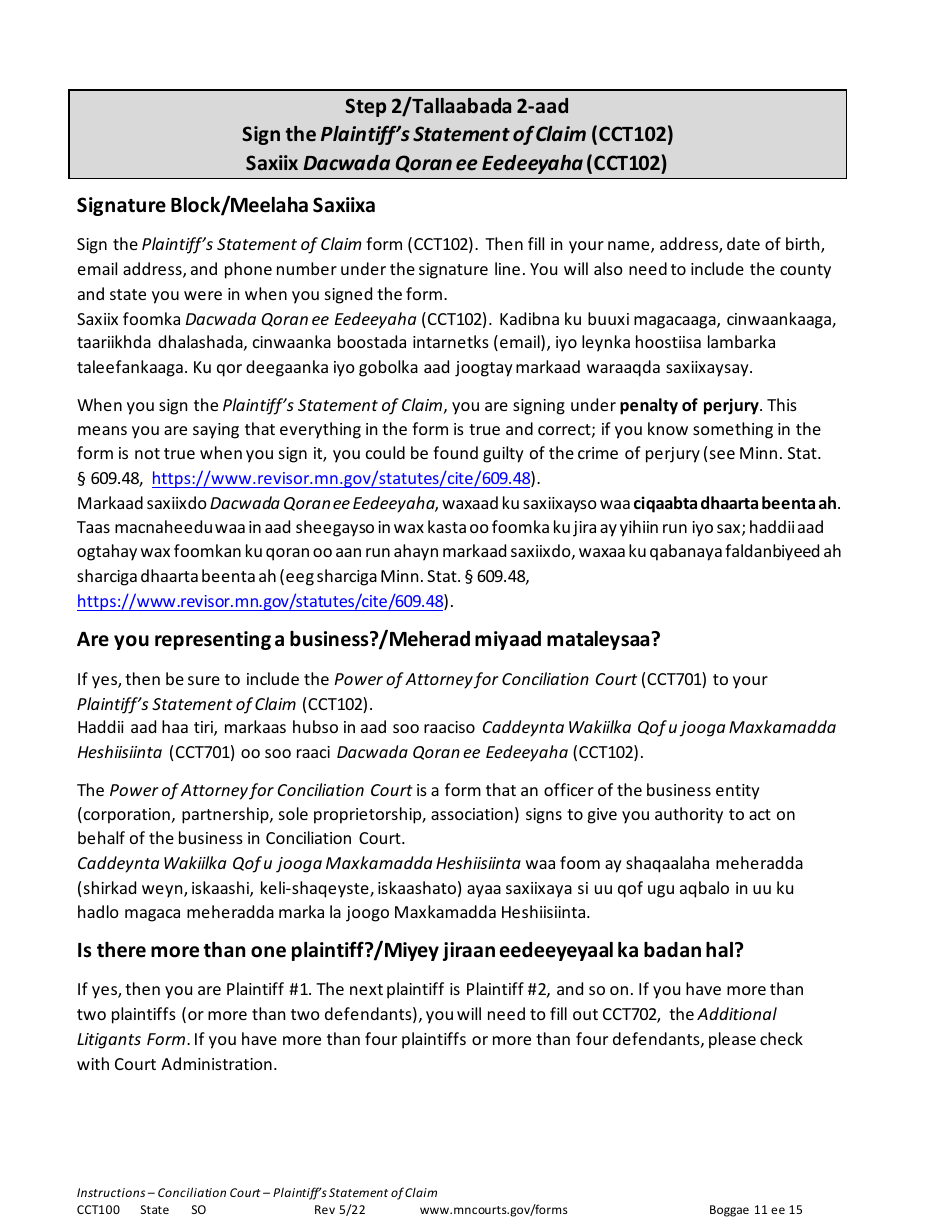 Form CCT100 Instructions - Plaintiffs Statement of Claim - Minnesota (English / Somali), Page 11