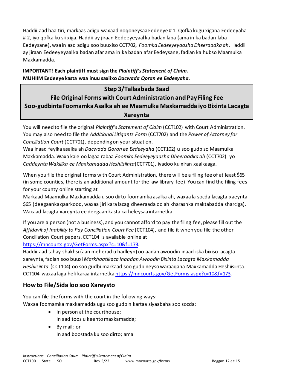 Form CCT100 Instructions - Plaintiffs Statement of Claim - Minnesota (English / Somali), Page 12
