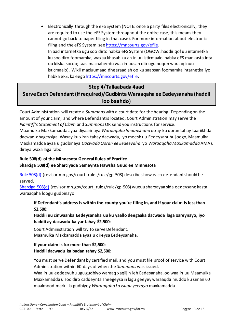 Form CCT100 Instructions - Plaintiffs Statement of Claim - Minnesota (English / Somali), Page 13