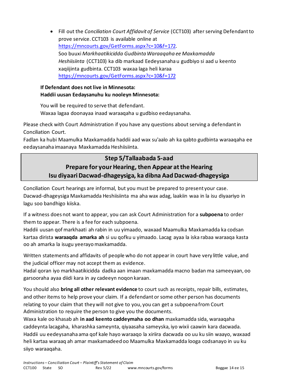 Form CCT100 Instructions - Plaintiffs Statement of Claim - Minnesota (English / Somali), Page 14