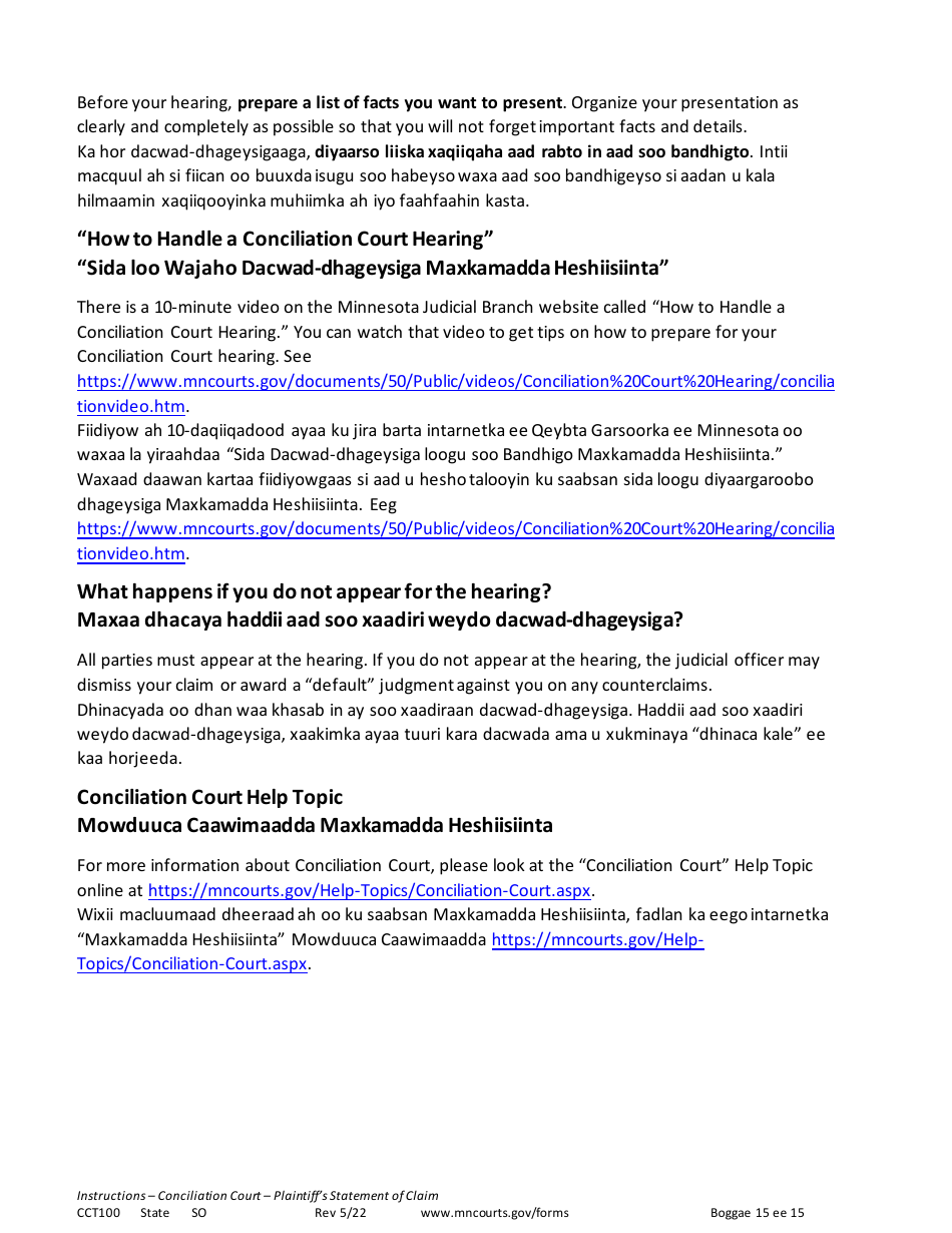 Form CCT100 Instructions - Plaintiffs Statement of Claim - Minnesota (English / Somali), Page 15