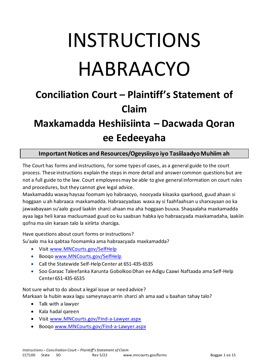 Form CCT100 Instructions - Plaintiffs Statement of Claim - Minnesota (English / Somali), Page 1