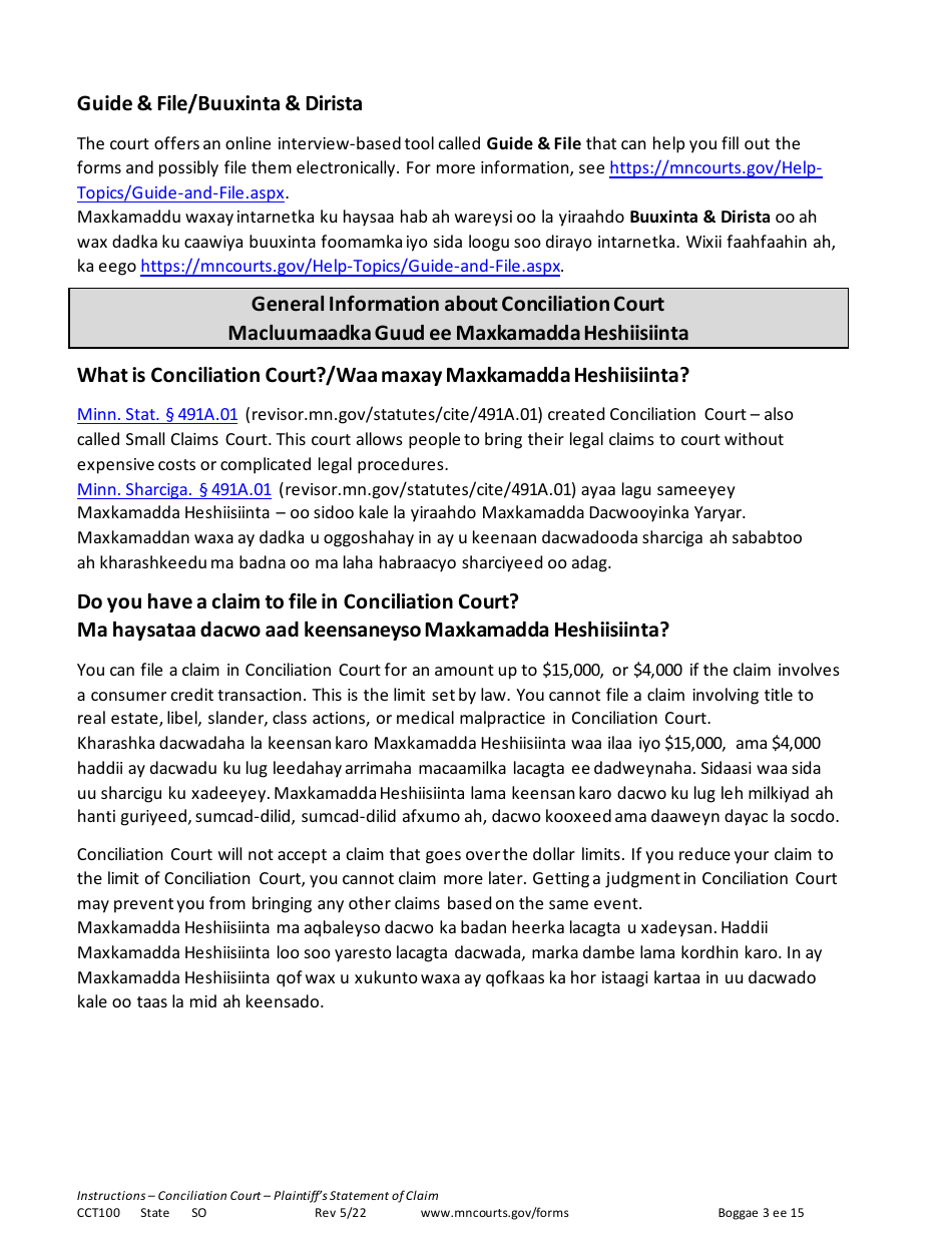 Form CCT100 Instructions - Plaintiffs Statement of Claim - Minnesota (English / Somali), Page 3