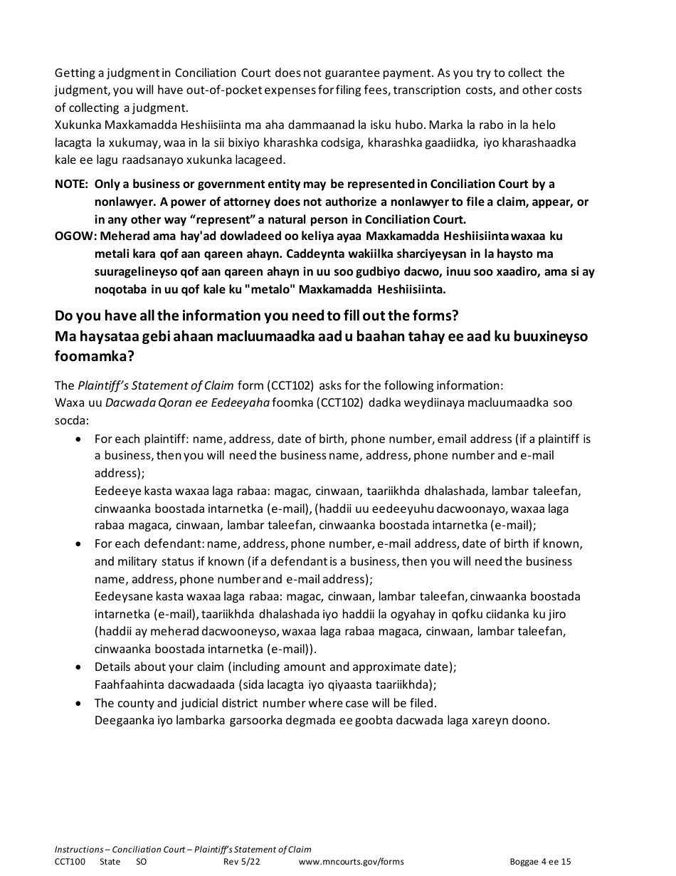 Form CCT100 Instructions - Plaintiffs Statement of Claim - Minnesota (English / Somali), Page 4