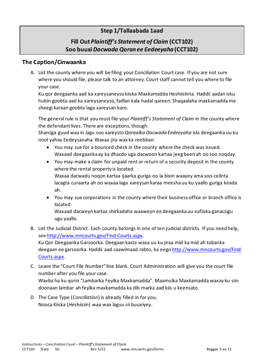 Form CCT100 Instructions - Plaintiffs Statement of Claim - Minnesota (English / Somali), Page 5