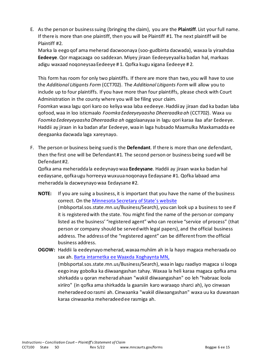 Form CCT100 Instructions - Plaintiffs Statement of Claim - Minnesota (English / Somali), Page 6