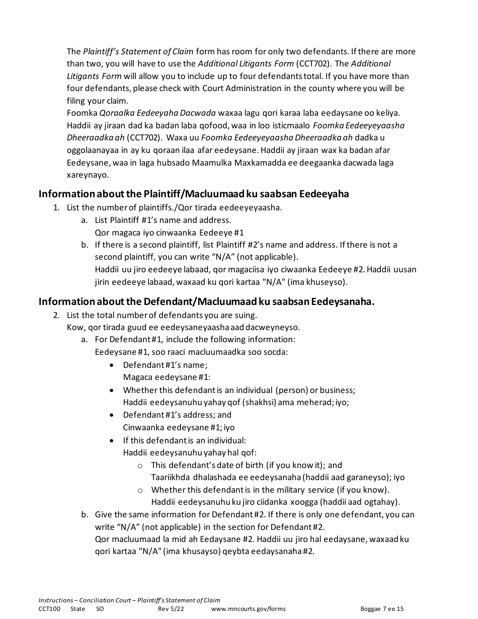 Form CCT100 Instructions - Plaintiffs Statement of Claim - Minnesota (English / Somali), Page 7