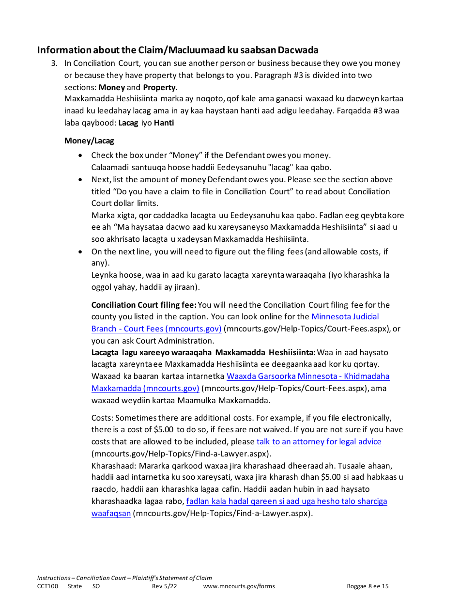 Form CCT100 Instructions - Plaintiffs Statement of Claim - Minnesota (English / Somali), Page 8