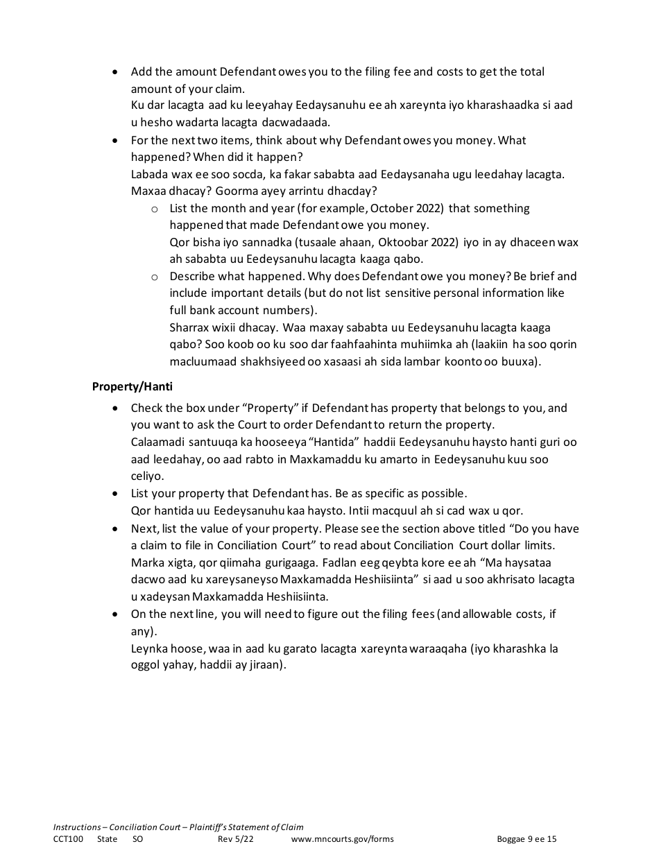 Form CCT100 Instructions - Plaintiffs Statement of Claim - Minnesota (English / Somali), Page 9