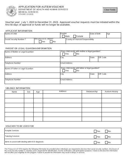 Form SFN60611 Application for Autism Voucher - North Dakota, 2023
