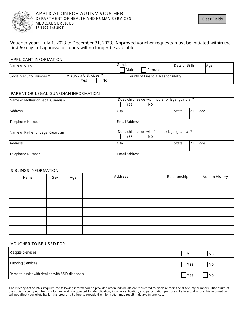 Form SFN60611 Application for Autism Voucher - North Dakota, Page 1