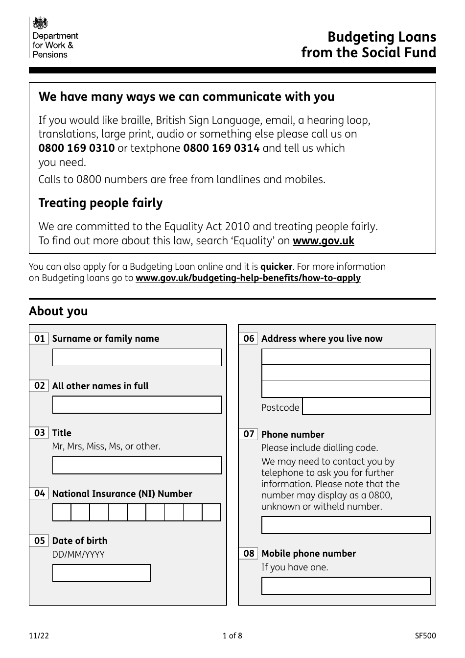 Form SF500 Budgeting Loans From the Social Fund - United Kingdom, Page 1