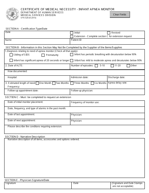 Form SFN528 Certificate of Medical Necessity - Infant Apnea Monitor - North Dakota