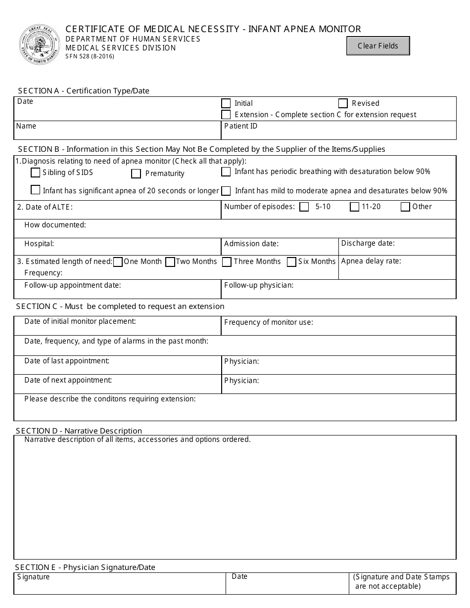 Form SFN528 Certificate of Medical Necessity - Infant Apnea Monitor - North Dakota, Page 1