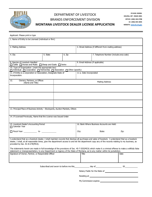 Montana Livestock Dealer License Application - Montana