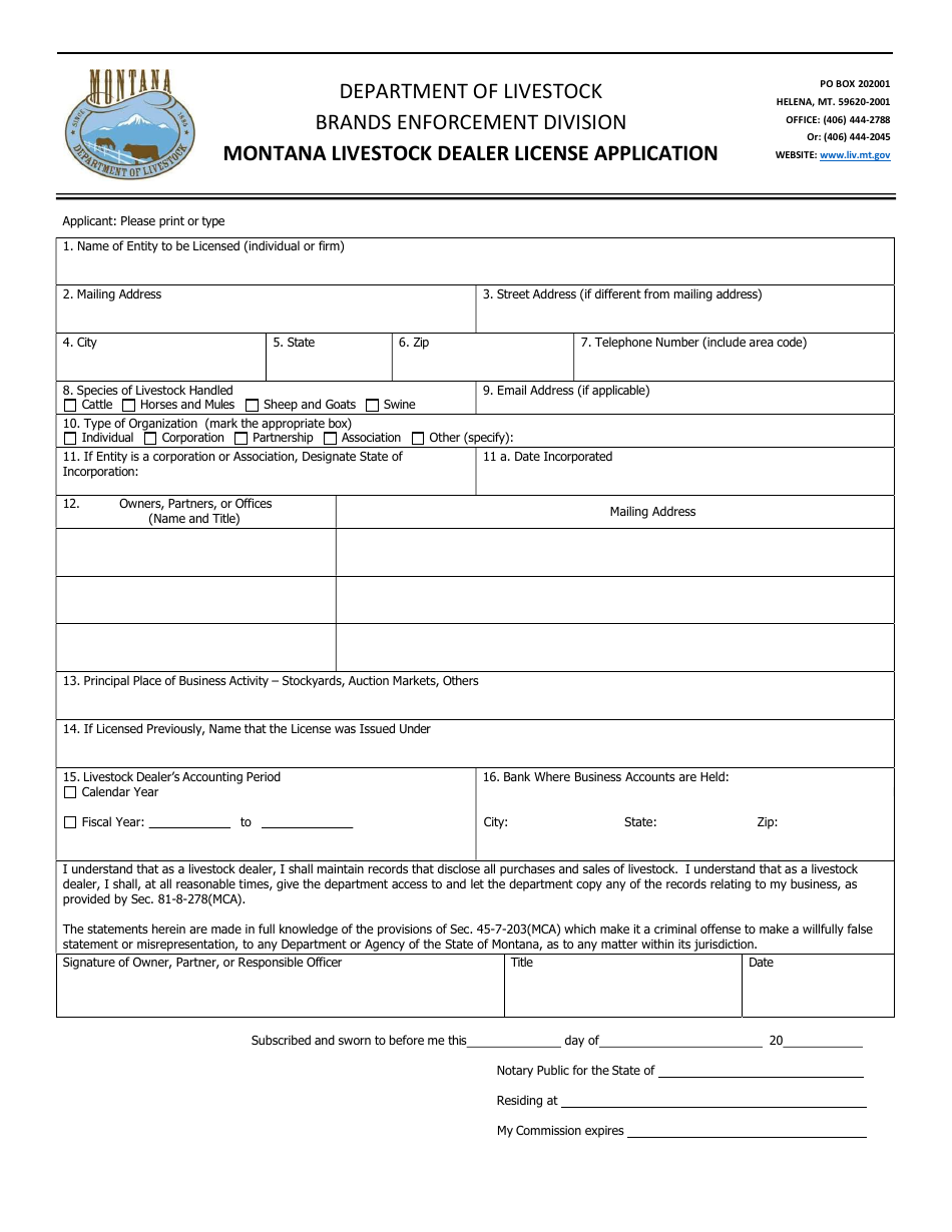 Montana Montana Livestock Dealer License Application Fill Out, Sign