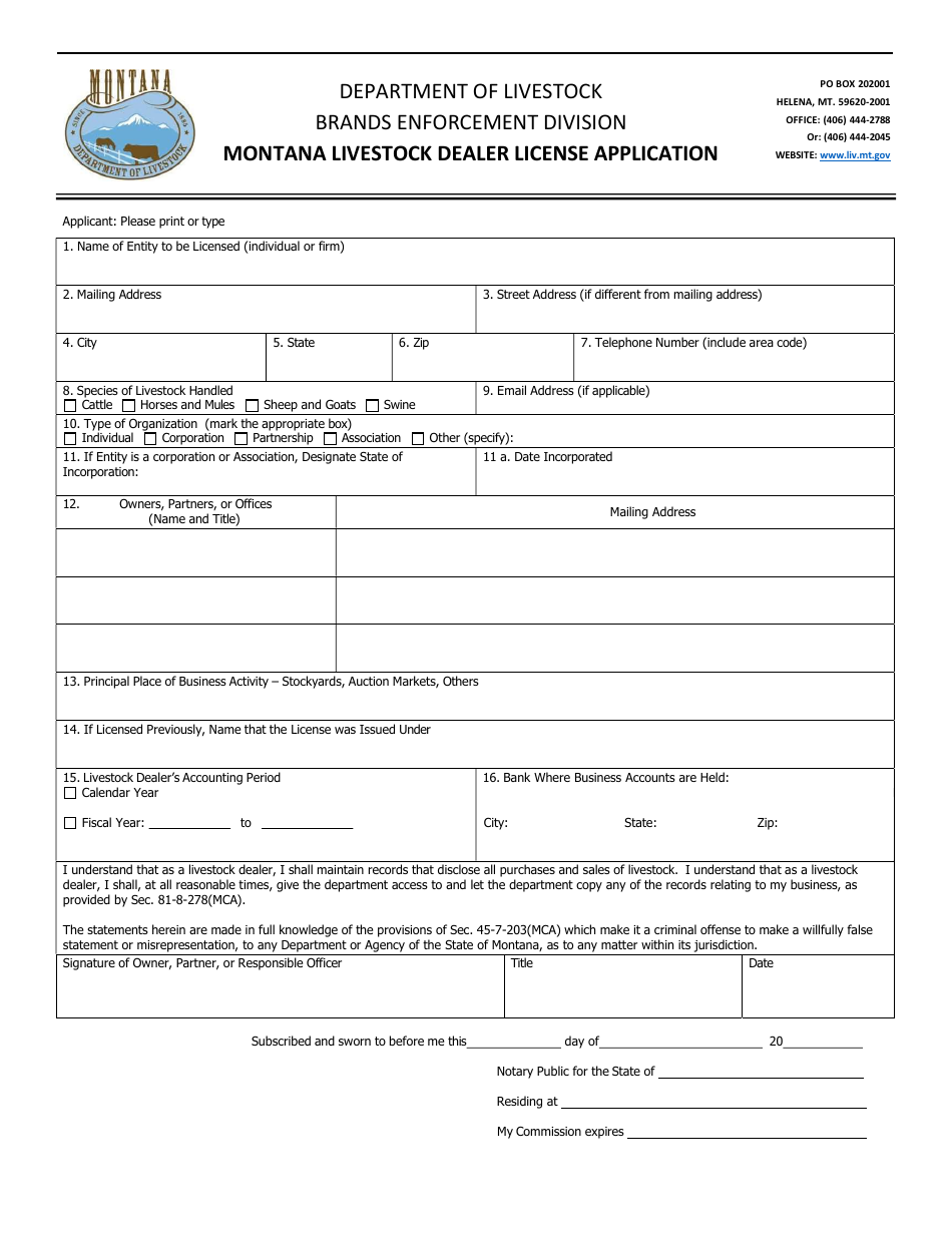 Montana Livestock Dealer License Application - Montana, Page 1