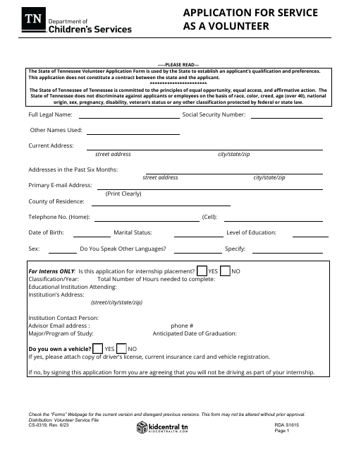 Form CS-0319 Application for Service as a Volunteer - Tennessee