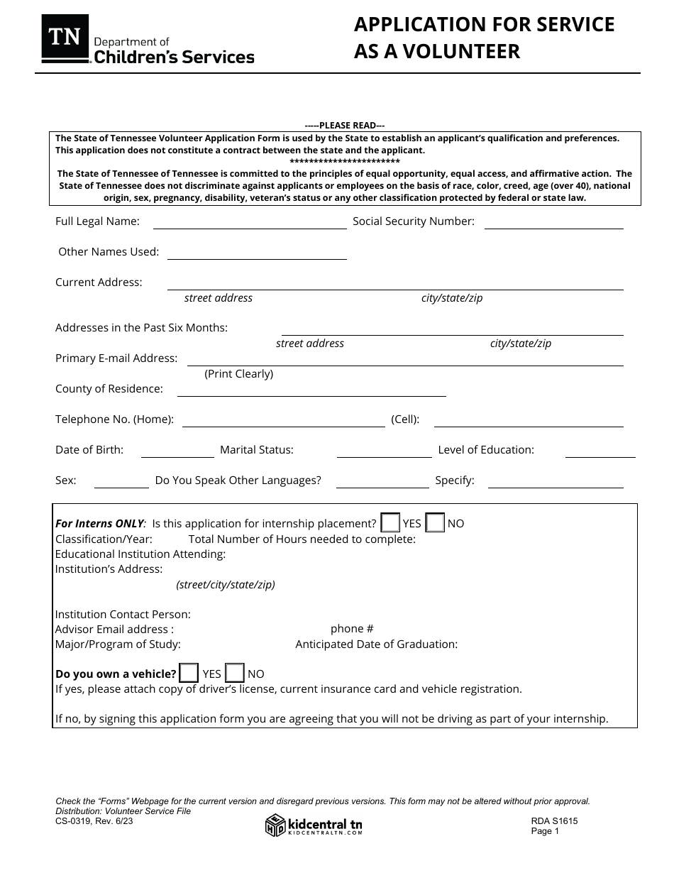 Form CS-0319 Application for Service as a Volunteer - Tennessee, Page 1