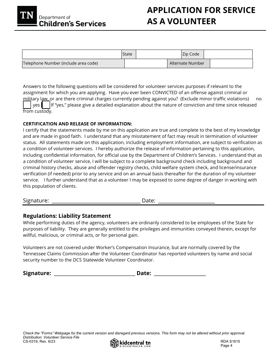 Form CS-0319 Application for Service as a Volunteer - Tennessee, Page 4