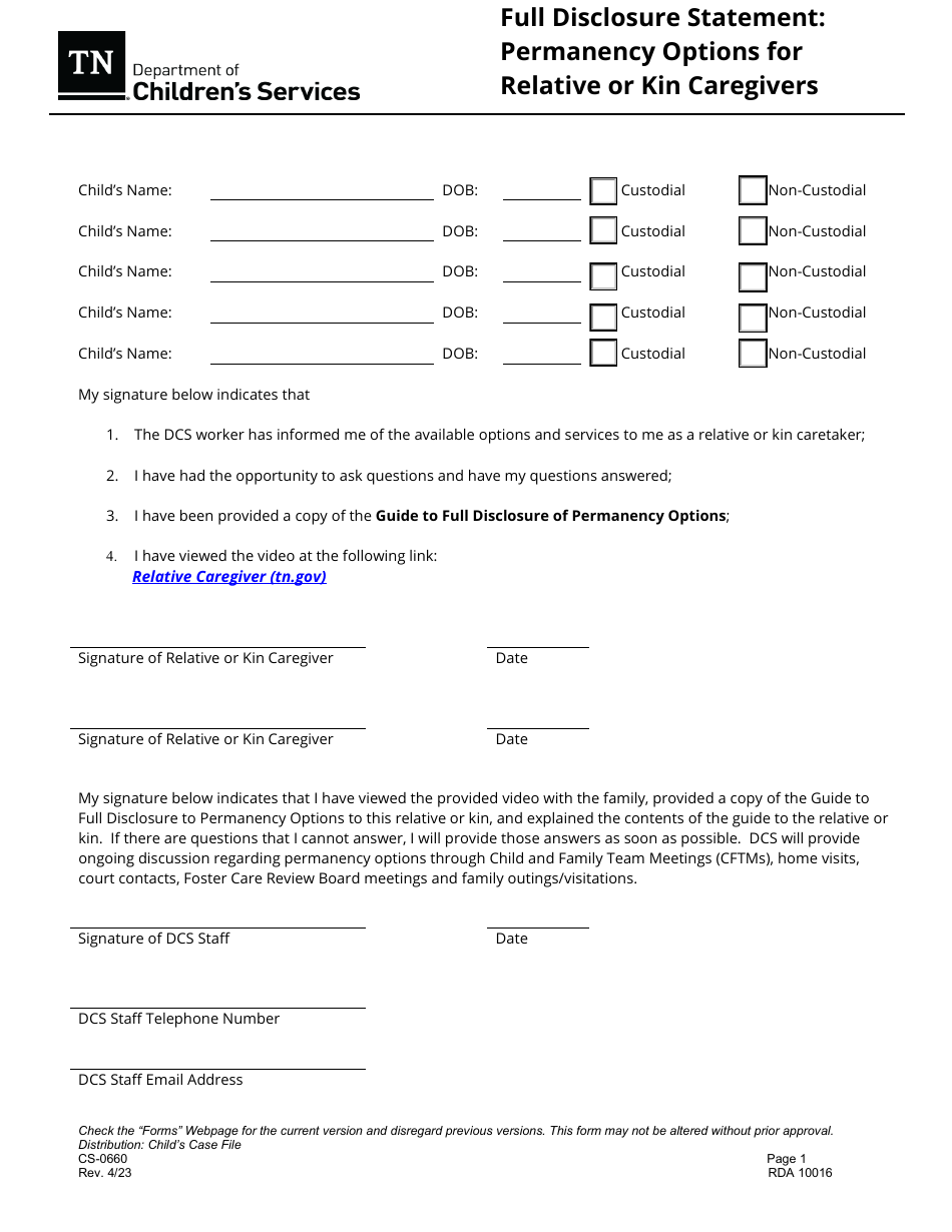 Form CS-0660 Full Disclosure Statement: Permanency Options for Relative or Kin Caregivers - Tennessee, Page 1