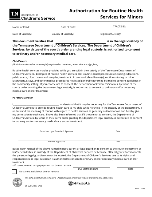 Form CS-0206 Authorization for Routine Health Services for Minors - Tennessee