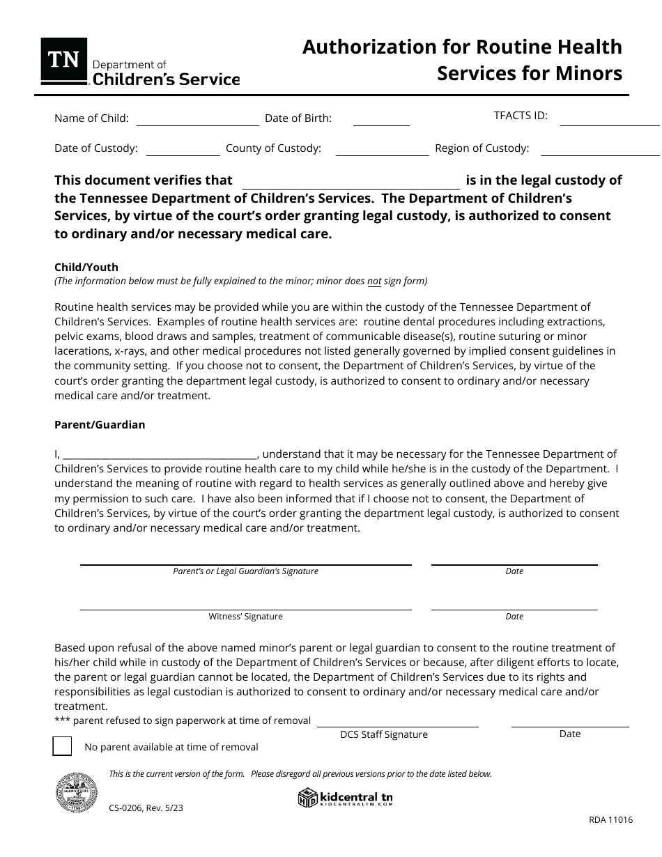 Form CS-0206 Authorization for Routine Health Services for Minors - Tennessee, Page 1