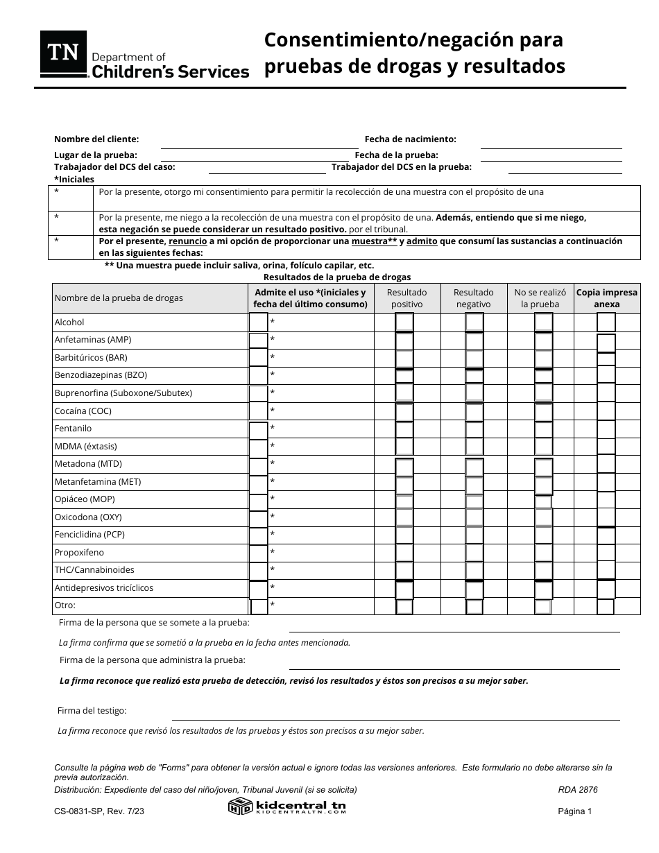 Formulario CS-0831 Consentimiento / Negacion Para Pruebas De Drogas Y Resultados - Tennessee (Spanish), Page 1