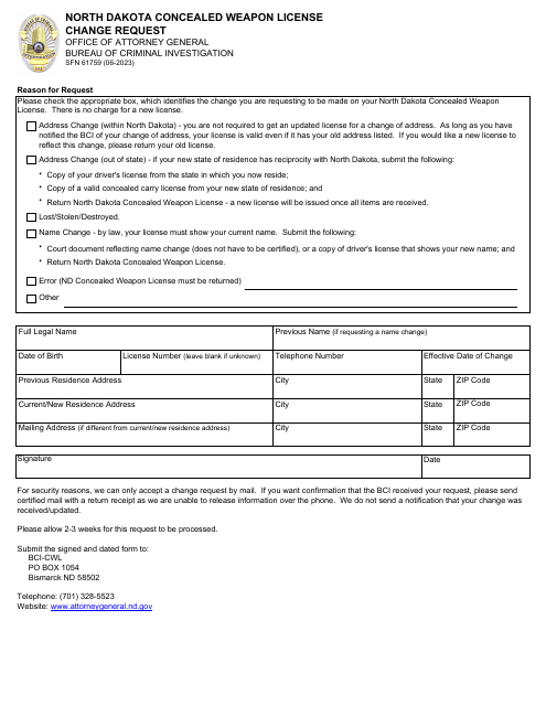 Form SFN61759 North Dakota Concealed Weapon License Change Request - North Dakota