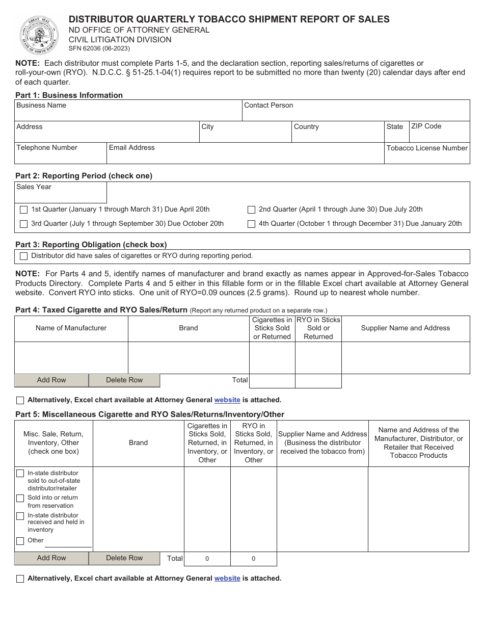 Form SFN62036 Distributor Quarterly Tobacco Shipment Report of Sales - North Dakota, Page 1