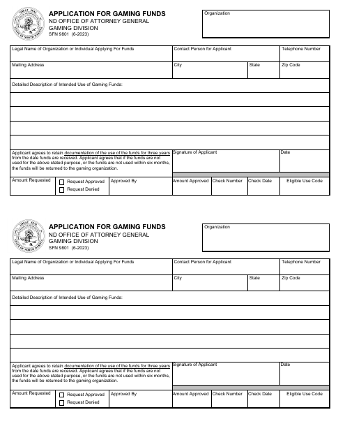 Form SFN9801 Application for Gaming Funds - North Dakota
