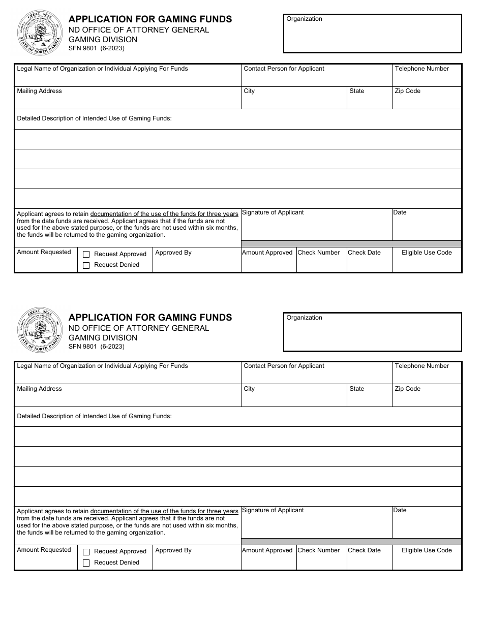Form SFN9801 Application for Gaming Funds - North Dakota, Page 1