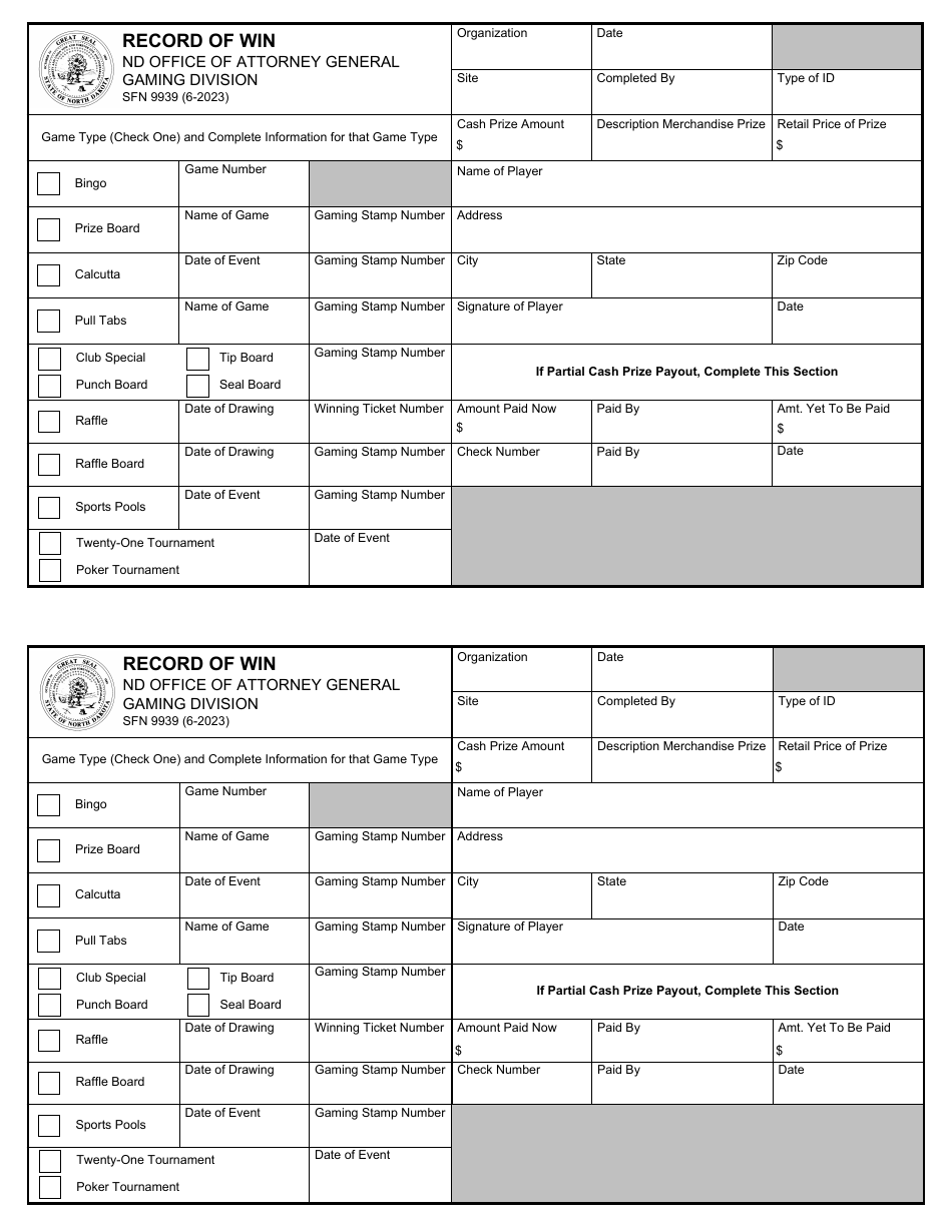 Form SFN9939 Record of Win - North Dakota, Page 1