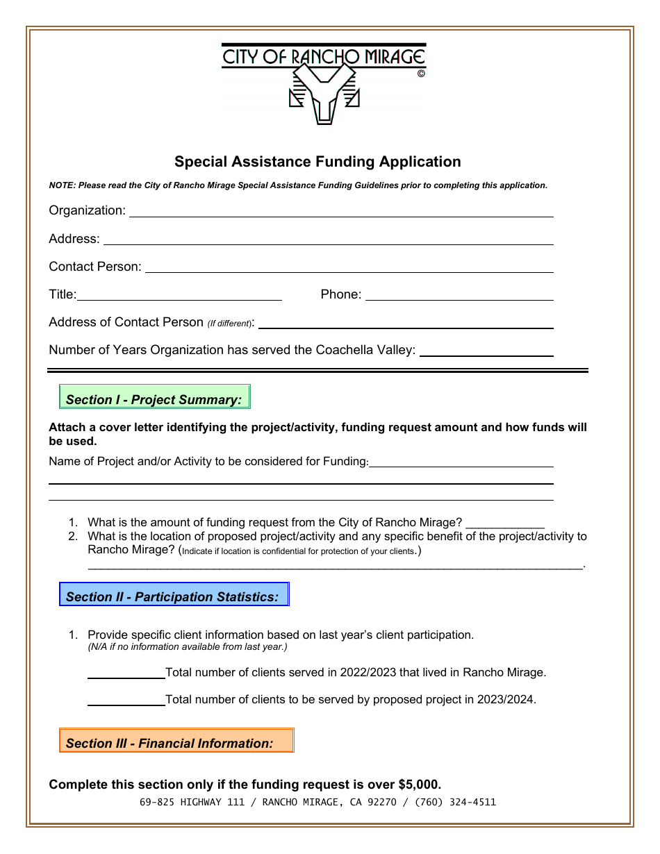 Special Assistance Funding Application - City of Rancho Mirage, California, Page 1