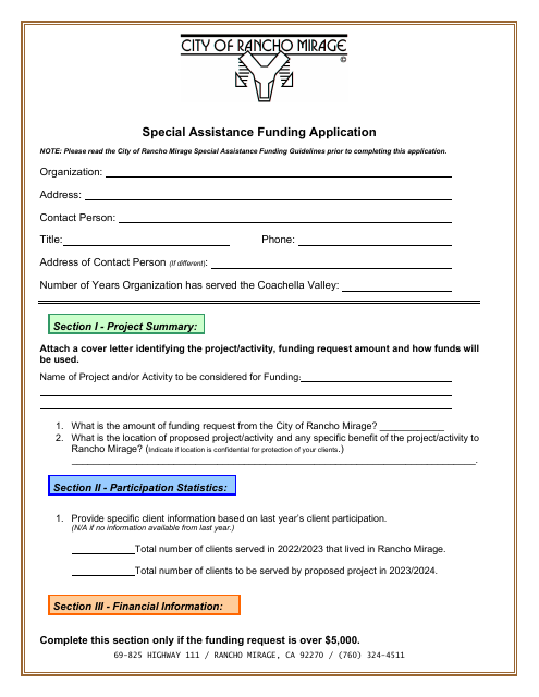Special Assistance Funding Application - City of Rancho Mirage, California Download Pdf